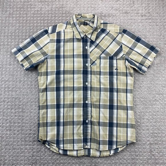 QUIKSILVER Shirt Men Medium M Beige Blue White Plaid Button Up Surf Surfing MENS - Picture 1 of 11